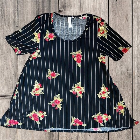 LuLaRoe Perfect Tee White Vertical Stripes Black w/ Red Green Gold Roses Size S - Picture 4 of 12